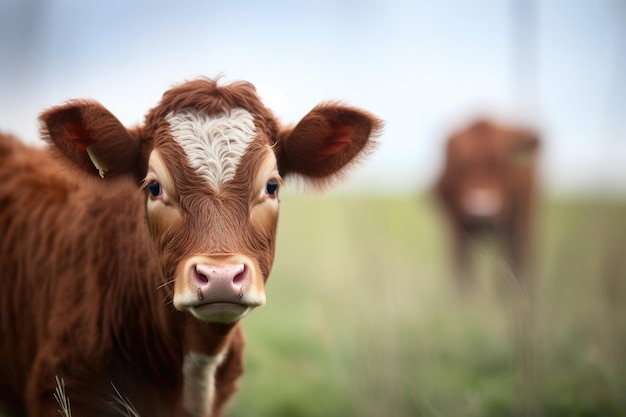 Uma cena rural com uma vaca e um bezerro num prado verde