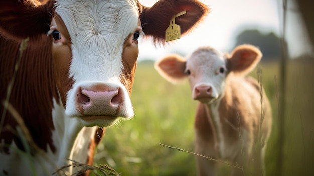 Uma cena rural com uma vaca e um bezerro num prado verde