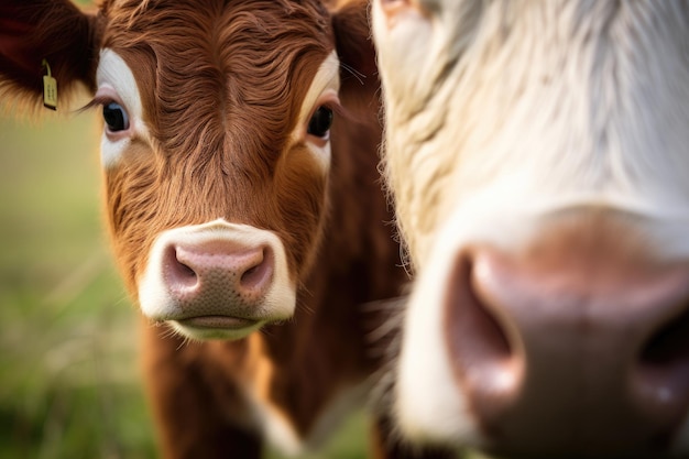 Uma cena rural com uma vaca e um bezerro num prado verde