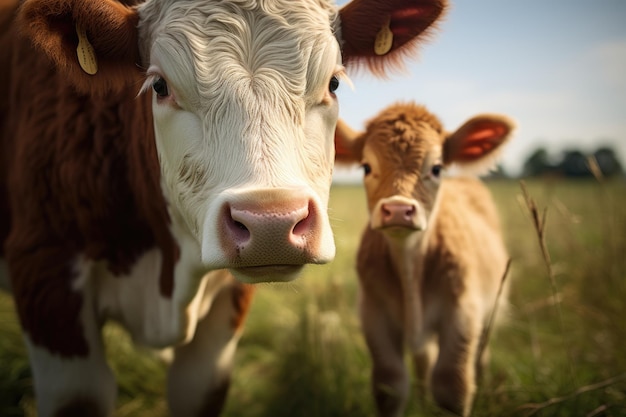 Uma cena rural com uma vaca e um bezerro num prado verde