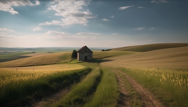 Uma cena rural tranquila com um belo pôr do sol sobre a fazenda gerada por IA