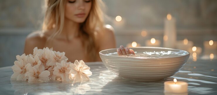 Foto uma cena serena com uma mulher junto a uma tigela de água com flores e velas evocando tranquilidade