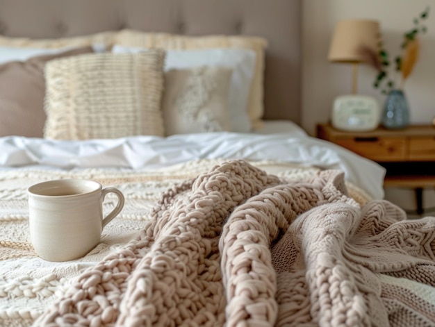 Uma cena serena com uma xícara de café colocada em uma cama coberta com um cobertor macio criando uma atmosfera aconchegante e convidativa