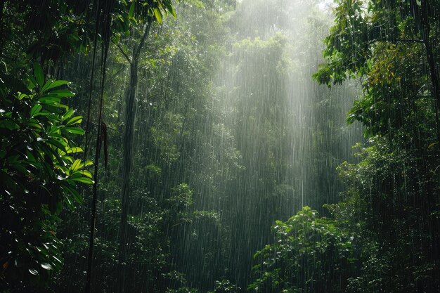 Foto uma cena serena da floresta com inúmeras árvores verdes criando um ambiente exuberante e vibrante um denso dossel da floresta obscurecendo uma chuva ai gerado