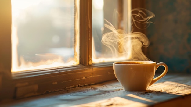 Uma cena serena da manhã vaporizando uma xícara de café em uma velha janela de madeira luz dourada do sol ambiente aconchegante