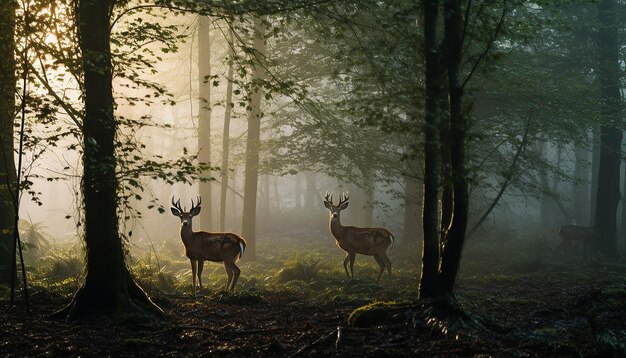 uma cena serena de cervos pastando em uma floresta nebulosa ao amanhecer
