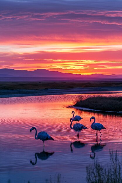 uma cena serena de flamingos vadeando em um lago tranquilo