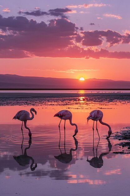 uma cena serena de flamingos vadeando em um lago tranquilo