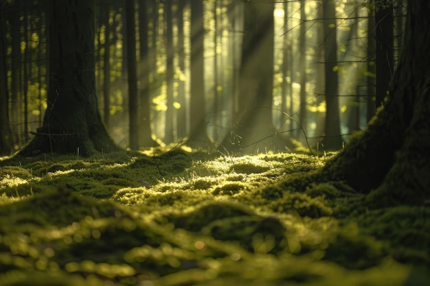 Uma cena serena de floresta com a luz do sol filtrando através das árvores em um chão de floresta coberto de musgo