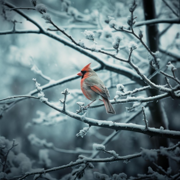 Uma cena serena de inverno com um cardeal em um galho coberto de neve