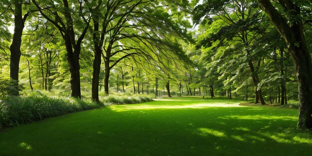 Uma cena serena e convidativa mostrando grama verde exuberante e bosques vibrantes em um parque