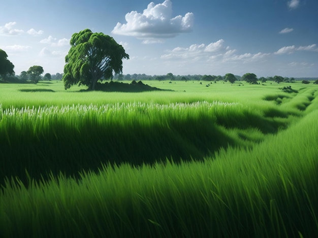 Uma cena serena e natural de uma planície coberta de grama verde exuberante