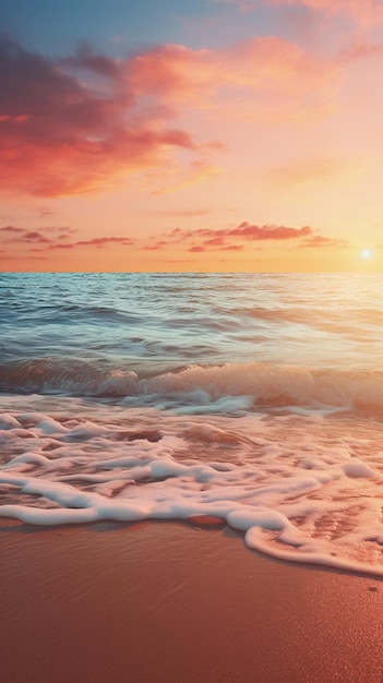 Uma cena serena na praia ao pôr-do-sol com ondas suaves lavando a costa