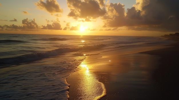 Uma cena serena na praia com ondas e nuvens ao nascer do sol