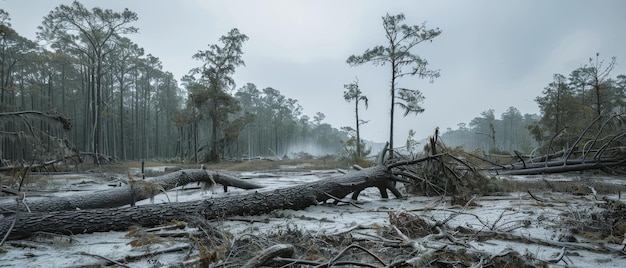 Uma cena solene captura as consequências de uma tempestade com árvores caídas obstruindo um caminho da floresta mostrando o poder bruto da natureza