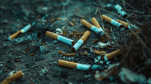 Uma cena sombria de coletas de cigarros descartadas espalhadas pelo chão, simbolizando a poluição ambiental e o impacto prejudicial dos resíduos de tabaco