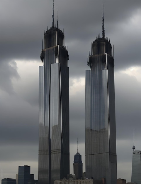 Foto uma cena sombria de duas torres erguidas contra um céu nublado uma lembrança da tragédia de 911