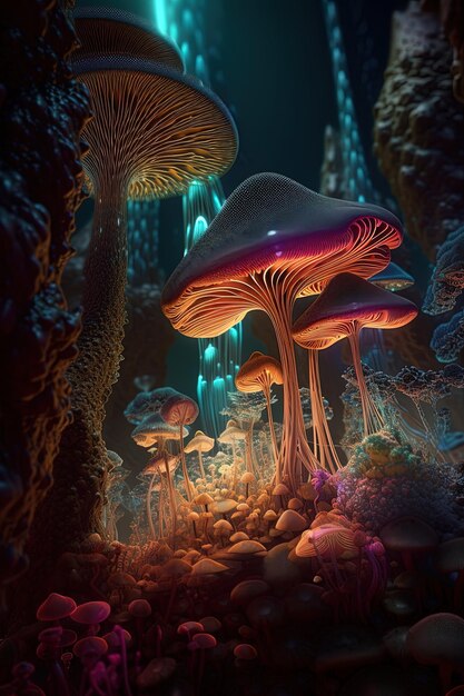 uma cena subaquática colorida com um cogumelo e um cogomelo roxo