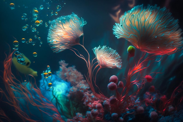 Uma cena subaquática colorida com um coral e um peixe.