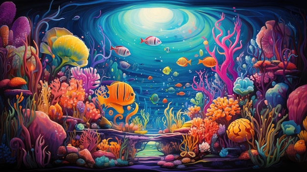 uma cena subaquática mágica com recifes de coral e vida marinha vibrante embelezada com caveira de açúcar
