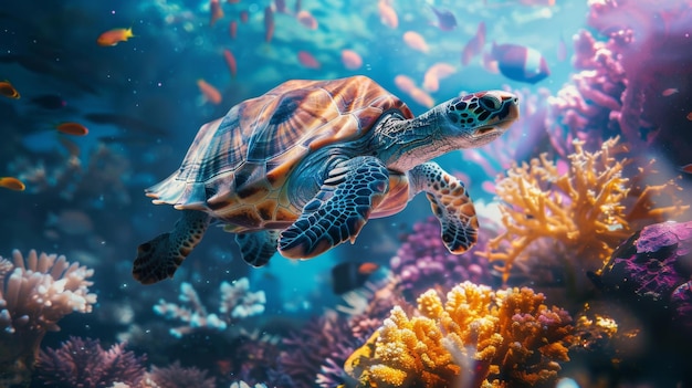 Foto uma cena subaquática surreal com uma tartaruga nadando graciosamente entre arrecifes de coral coloridos