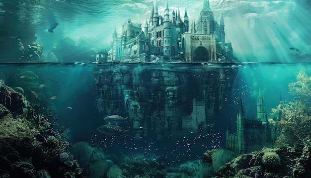Uma cena submarina de fantasia com um castelo e um tubarão por imagem gerada por IA