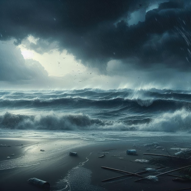 Foto uma cena tempestuosa de uma praia escura e nublada com fortes ventos e chuva