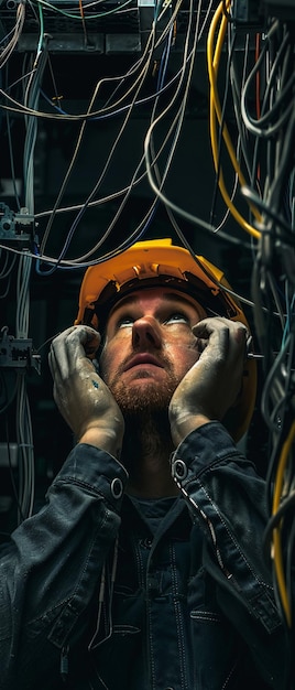 Foto uma cena tensa de um eletricista chocado devido a uma fiação defeituosa sublinhando a importância o