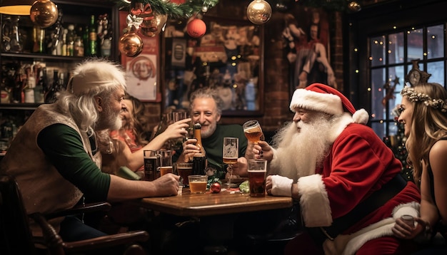 Uma cena tradicional de um pub irlandês com clientes em roupas festivas