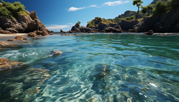 Uma cena tranquila de ondas costeiras de verão batendo nas rochas geradas pela inteligência artificial