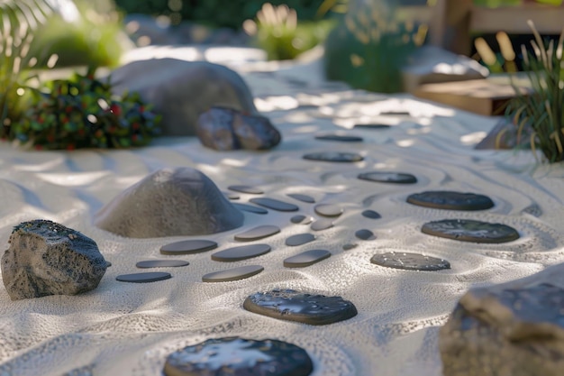 Uma cena tranquila de pedras Zen e areia em perfeita harmonia.