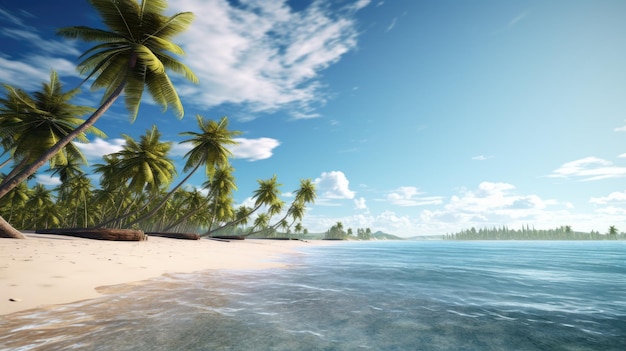 Uma cena tranquila de praia com palmeiras e águas azuis cristalinas