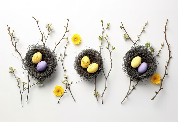 Uma cena tranquila de renovação de primavera um ovo manchado repousa em um ninho entre flores amarelas em flor