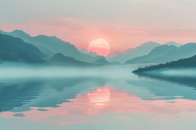 Uma cena tranquila de um nascer do sol rosa sobre montanhas nebulosas e um lago refletor