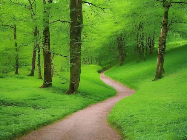 Uma cena tranquila de uma floresta verde com uma trilha sinuosa