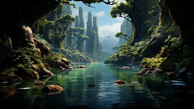 Uma cena tranquila de uma lagoa da selva com águas claras