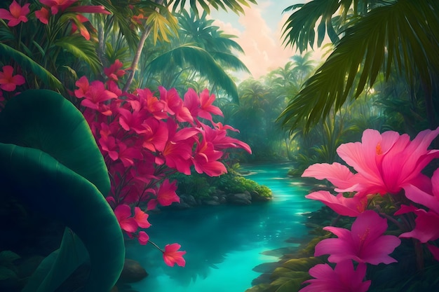 Uma cena tropical com flores e plantas na água gerada ai
