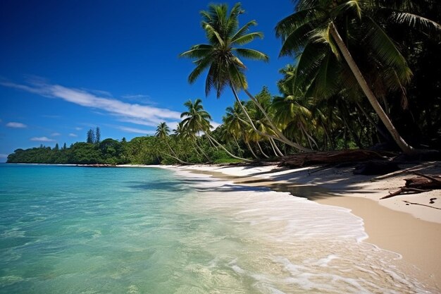 Uma cena tropical com palmeiras e uma cena de praia