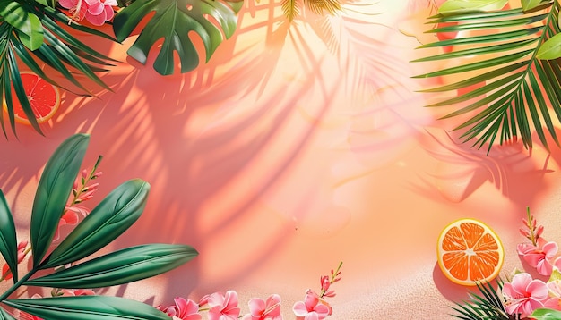Foto uma cena tropical com um fundo rosa e uma grande laranja à direita por uma imagem gerada por ai