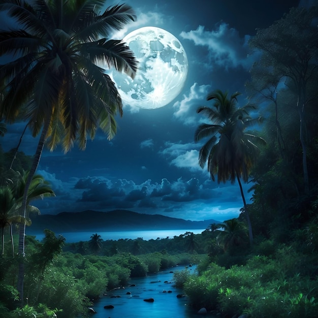 uma cena tropical com uma lua cheia e palmeiras