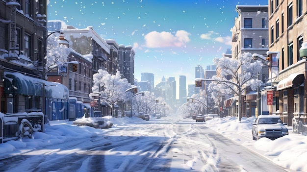 Uma cena urbana de inverno altamente detalhada, uma paisagem urbana nevada em todo o seu esplendor