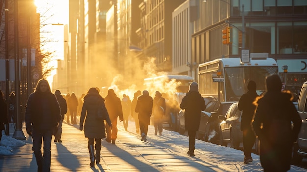 Uma cena urbana movimentada com pedestres a caminhar rapidamente por uma calçada fria e invernal, a sua respiração a formar nuvens nebulosas no ar.