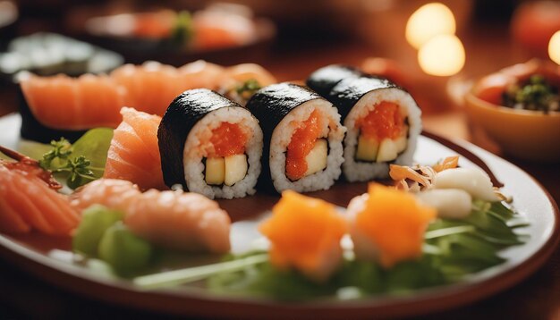 Uma cena vibrante de pôr-do-sol com sushi organizado criativamente em um prato