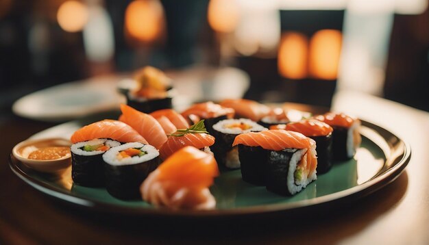 Uma cena vibrante de pôr-do-sol com sushi organizado criativamente em um prato