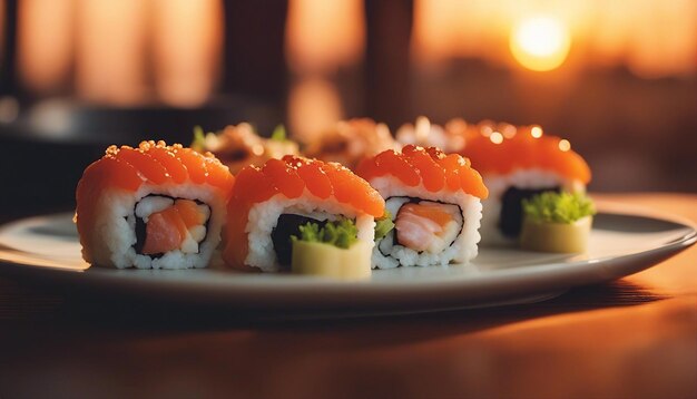 Uma cena vibrante de pôr-do-sol com sushi organizado criativamente em um prato