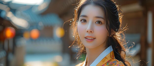 Uma cena vibrante de uma jovem coreana em um hanbok de pé em um pátio de hanok Fotografia conceitual Cultura coreana Moda tradicional Cores vibrantes Hanbok
