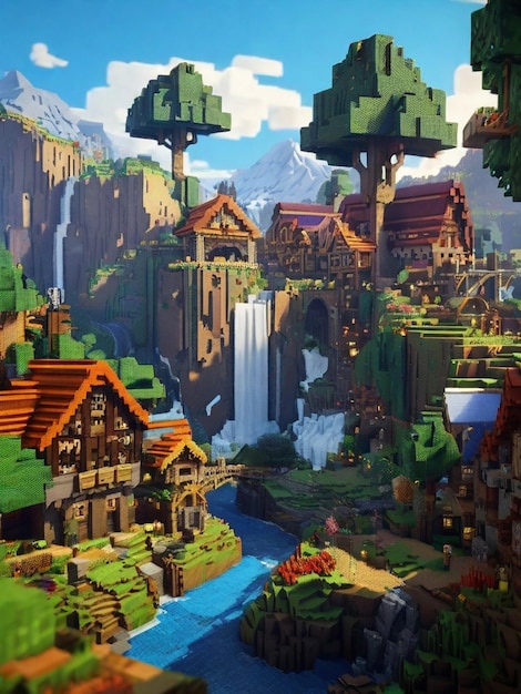 Uma cena vibrante e detalhada inspirada em Minecraft com uma pequena aldeia com edifício de paralelepípedos