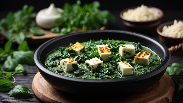 Uma cena visualmente atraente de Palak Paneer servido em uma mesa de madeira preta com diferentes ângulos e l