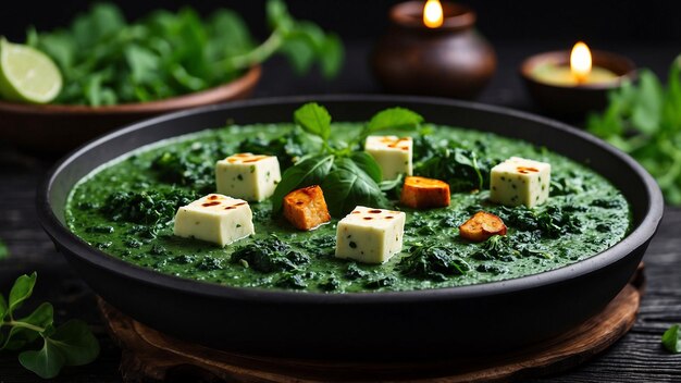 Uma cena visualmente atraente de Palak Paneer servido em uma mesa de madeira preta com diferentes ângulos e l