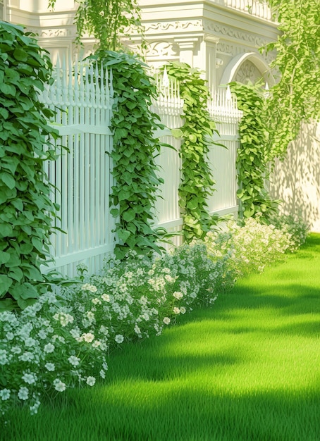 Uma cerca branca com videiras verdes crescendo sobre ela